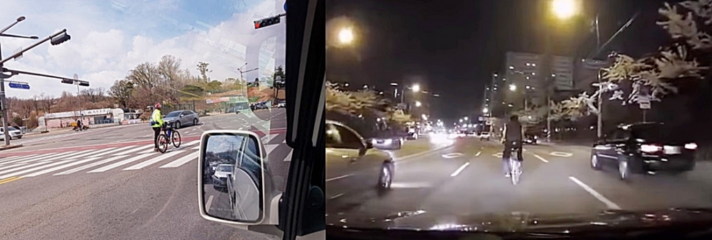 일반 도로에서 우측 가장자리에서 주행해야 하는 자전거가 차선을 옮겨다니며 주행하는 모습. /사진= 온라인 커뮤니티 캡처