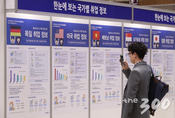 지난해 12월1일 오후 서울 강남구 코엑스에서 열린 글로벌 무역인력 채용 & 해외취업(K-Move) 정보 박람회에서 한 구직자들가 취업 정보를 사진으로 찍고 있다. /사진=뉴스1
