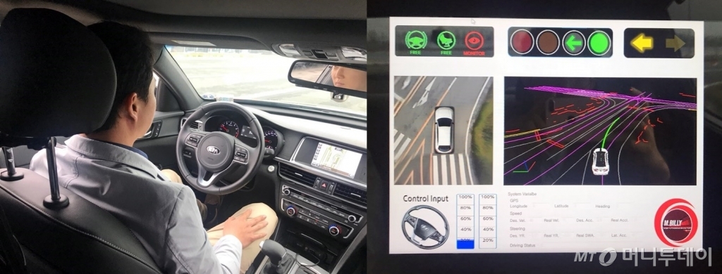 시험운행 중인 엠빌리 내부 모습. 운전자가 손을 핸들에서 놓고 있다(왼쪽). 엠빌리는 V2I(차량-인프라 통신) 기술로 신호등 체계를 인식한다(오른쪽) /사진=김남이 기자