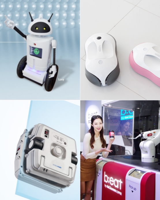 로보쓰리의 러비(왼쪽 위부터 시계방향), 에브리봇의 RS500, 달콤커피의 비트, 알에프의 윈도우메이트