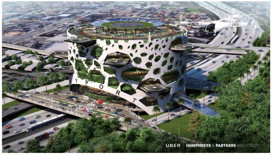 Humphreys&Partner사가 우버에 제안한 '우버 호버' 스카이포트. 벌집을 모양삼아 복수의 포트에 벌처럼 출입한다. 각 층마다 시간당 900명 승객이 이용할 수 있다. /사진제공=우버.