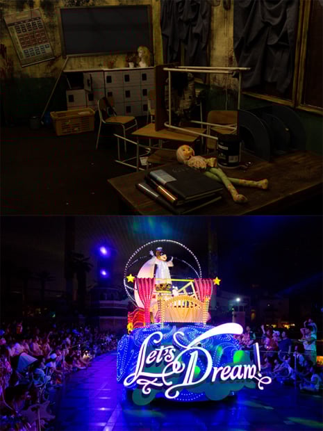 롯데월드 어드벤처에서 7월 새롭게 오픈한 대형 호러체험 시설 '스쿨 오브 더 데드'(위)와 롯데월드 야간 프로그램을 즐기는 관람객들 모습./사진제공=롯데월드