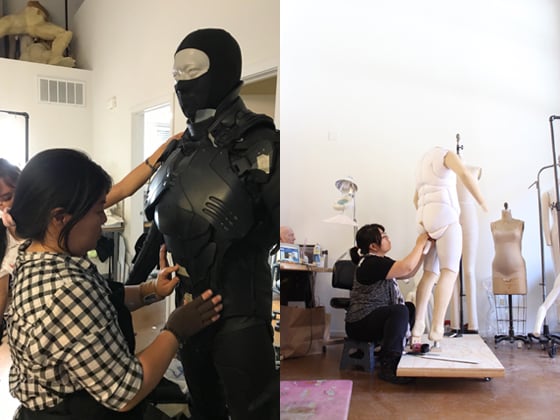 영화 '인랑' 속 강화복(왼쪽)과 '다키스트 아워'를 위해 개발한 팻슈트를 제작하고 있는 바네사 리 대표./사진제공=슈퍼슈트팩토리