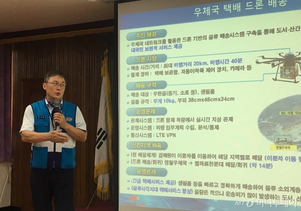 강성주 우정사업본부장이 우체국택배 드론 배송에 대해 설명하고 있다 /사진=김주현 기자