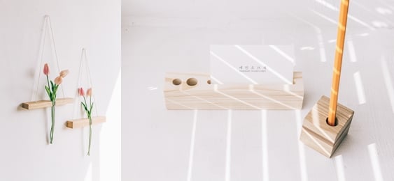 행잉우드 화병, 원목 펜 트레이와 펜 꽂이/사진제공=메인오브제