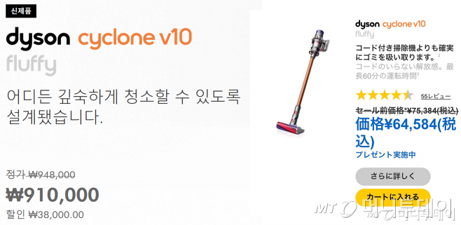 다이슨 'V10 플러피' 모델 한국, 일본 가격 비교. 한국에서는 할인해 91만원에 팔리고 있는 제품이 일본에서는 6만4584엔(약 65만원)에 판매하고 있다/사진=다이슨 홈페이지