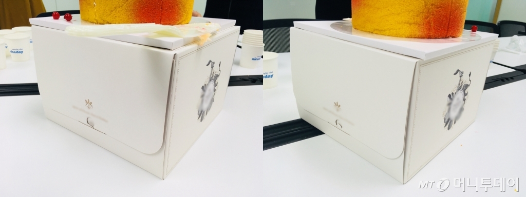 케익 상자에 영양성분과 알레르기 유발 물질이 적혀있지 않다. /사진=남궁민 기자