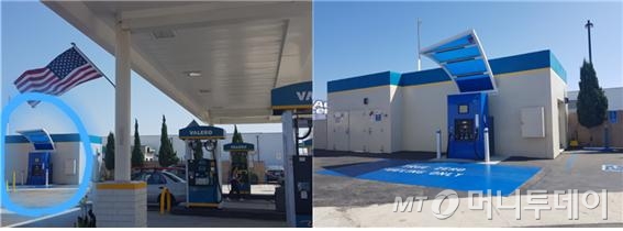 미국 캘리포니아주 LA 인근 코스타메사의 한 수소충전소(오른쪽). 일반 주유소의 한 귀퉁이에 수소충전소가 함께 설치돼 있는 모습(왼쪽)./사진=황시영 기자