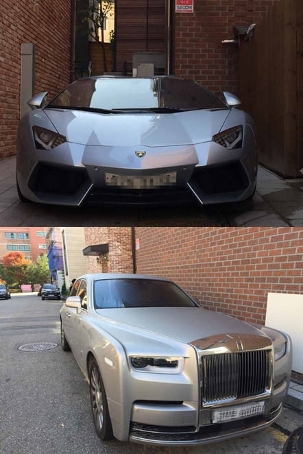 양진호 한국미래기술 회장의 람보르기니(위)·롤스로이스 차량 /사진=박상규 기자 페이스북