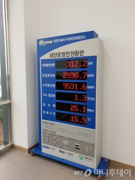 8일 군산 수상태양광 발전소 홍보관 내에 설치된 태양광 발전 현황판 모습. 낮 12시12분을 기준으로 현재발전전력이 312.2㎾라고 표시돼 있다./사진=권혜민 기자