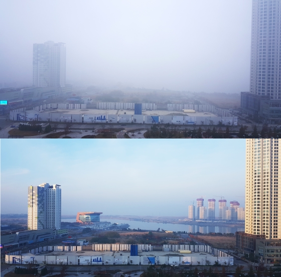 전국 대부분 지역에 초미세먼지 농도가 '나쁨'을 나타낸 지난 6일 오후 인천시 연수구 송도 인근 도심이 뿌옇게 보이고 있다. 사진 위는 6일 오후, 사진 아래는 5일 오후 인천 연수구 송도의 모습. 2018.11.6/뉴스1