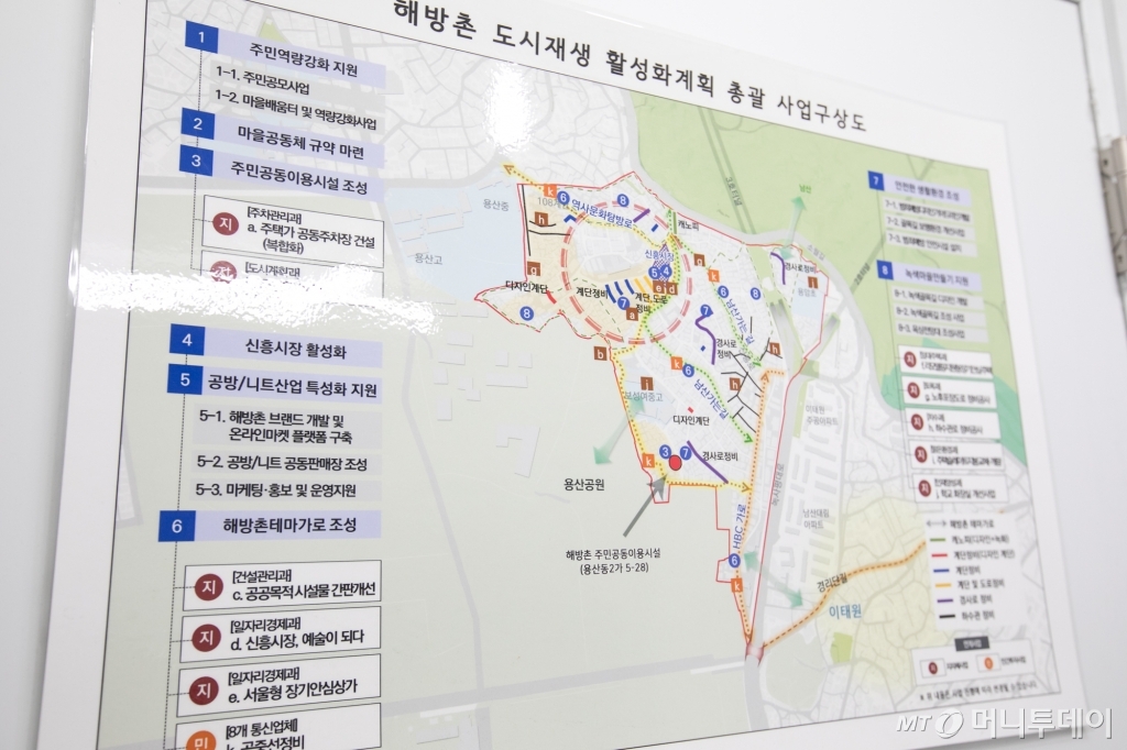 국토부와 서울시가 해방촌 도시 재생을 위해 오는 2020년까지 진행하는 8개 마중물 사업들. 총 사업비 100억 원 규모로 이 가운데 ‘공방·니트산업 특성화 지원’ 사업이 포함돼 있다.