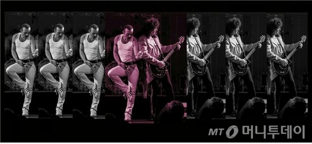 프레디 머큐리 역의 롭 코머(왼쪽)와 기타리스트 브라이언 메이 역의 크리스토퍼 그레고리. /사진제공=샹그릴라엔터테인먼트