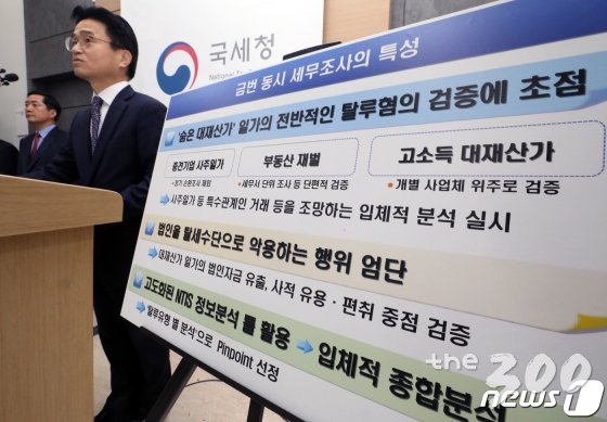 (세종=뉴스1) 장수영 기자 = 김명준 국세청 조사국장이 7일 정부세종2청사 국세청 기자실에서 불공정 탈세혐의 대재산가 95명 전국 동시 세무조사 실시 브리핑을 하고 있다. 2019.3.7/뉴스1 <저작권자 © 뉴스1코리아, 무단전재 및 재배포 금지>