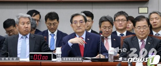 (서울=뉴스1) 이종덕 기자 = 노영민 대통령 비서실장과 정의용 국가안보실장, 김수현 대통령비서실 정책실장이 4일 서울 여의도 국회 운영위원회 전체회의에 출석했다. 2019.4..4/뉴스1 <저작권자 © 뉴스1코리아, 무단전재 및 재배포 금지> / 사진=(서울=뉴스1) 이종덕 기자