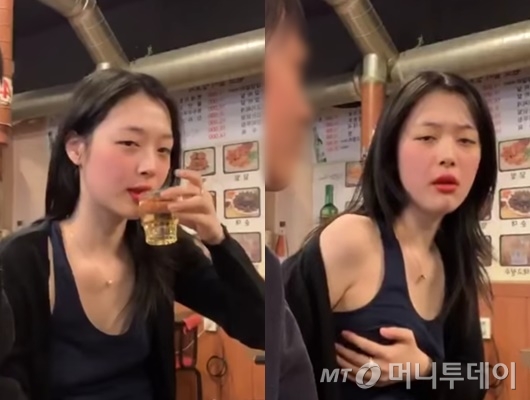 지난 8일 밤 진행된 설리 인스타그램 라이브 방송 장면. '노브라에 당당할 수 있는 이유가 뭐냐'는 누리꾼의 질문에 설리가 자신의 가슴을 움켜쥐고 있다.(오른쪽)/사진=유튜브