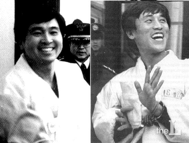 MBC노조를 설립했던 심재철 한국당 의원(왼쪽)이 1992년 방송민주화투쟁에서 업무방해·노동쟁의조정법 위반 등으로 구속돼 재판을 받던 시절. 심 의원은 당시 손석희(현 JTBC대표이사) 아나운서 등과 함께 노조활동으로 구속됐다.
유시민 노무현재단 이사장(오른쪽)이 1984년 있었던 서울대 프락치사건(서울대 민간인감금 폭행 사건)으로 구속돼 재판을 받던 1985년 수의를 입은 모습.