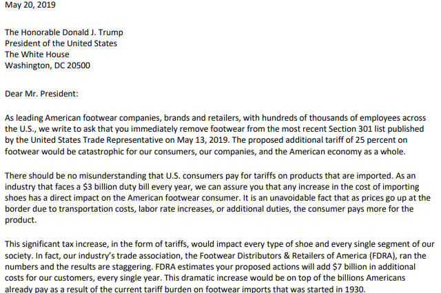신발유통소매협회(FDRA) 서한 중 일부