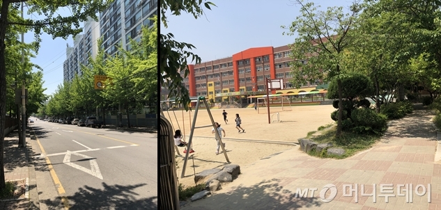 (좌) 해당 가게에서 가장 가까운 초등학교까지 가는 길. 우측 상단에 '어린이 보호구역' 표지가 있다. (우) 점심시간을 맞아 초등학생들이 그네로 달려가고 있다./사진=조해람 인턴기자