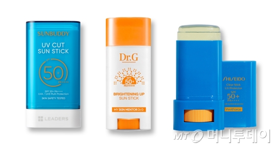 리더스코스메틱 썬버디 유브이 컷 선스틱, 닥터지 브라이트닝 업 선 스틱, 시세이도 클리어 스틱 UV 프로텍터/사진제공=각 브랜드