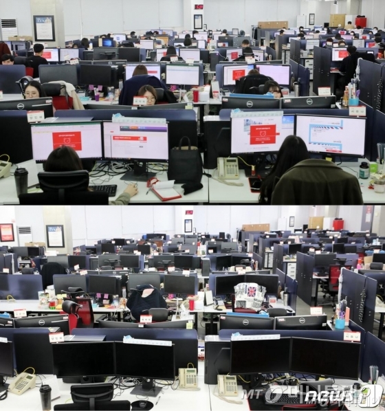 주52시간제 계도기간이 끝난 1일 서울 강남구 위메프 본사에서 직원들이 오후 6시에 맞춰 정시퇴근 해 자리가 비어 있다(아래 사진). 위 사진은 근무 시간의 모습. 위메프는 퇴근시간이 지나면 사내 PC가 자동으로 종료되는 PC오프제를 도입해 이날부터 시행했다./사진=뉴스1