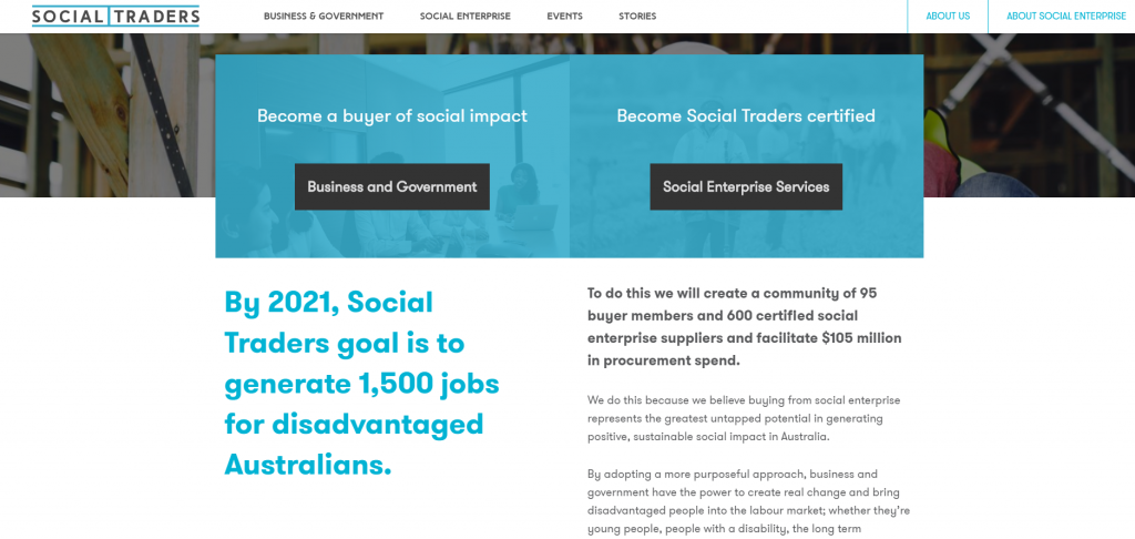 소셜 트레이더스 웹페이지.<br>소셜 트레이더스 웹페이지. 2021년까지 소외된 호주인들에게 1,500개의 일자리를 제공하는 게 목표다. /사진=소셜 트레이더스 홈페이지 캡쳐<br>