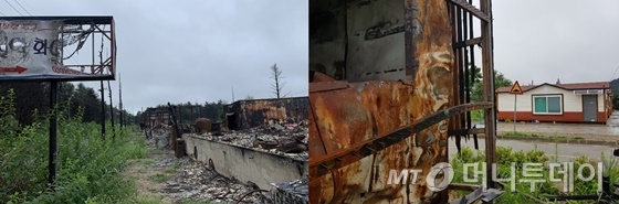 강원 고성에서 산불 피해를 입은 펜션(왼쪽), 산불로 전소된 주택과 뒤로 보이는 임시주택/ 사진=김지성 인턴기자