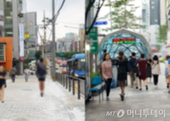 전동킥보드 이용자가 보행로 위에서 달리고 있다. 사진 왼쪽은 강남 압구정역 인근. 오른쪽은 강남역 인근./사진=박가영 기자