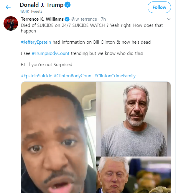 이날 트럼프 대통령은 엡스타인의 죽음이 클린턴 전 대통령과 연관 있다는 음모론을 트위터에 공유하며 선긋기에 나섰다. /사진=도널드 트럼프 트위터