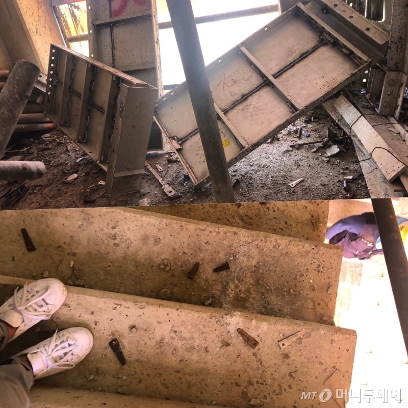 경기 한 물류센터 공사 현장 내부. 건축 자재가 어지럽게 방치돼 있고(위), 계단에는 볼트 등이 떨어져 있다. /사진=방윤영 기자