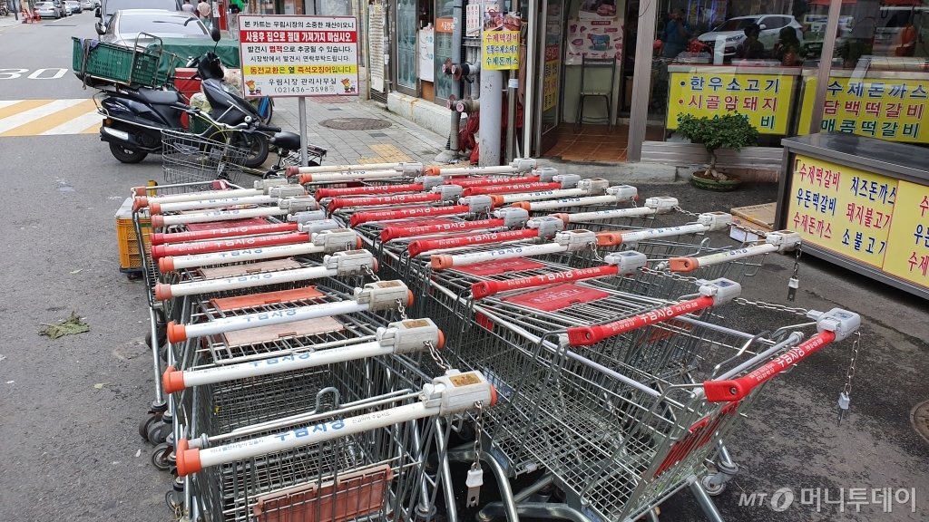 우림시장 앞에는 고객들이 자유롭게 이용할 수 있도록 카트가 설치돼 있다. 그러나 시장 중앙에 좌판이 있어 좁은 도로 탓에 카트를 이용하는 사람은 적었다. /사진=김태현 기자