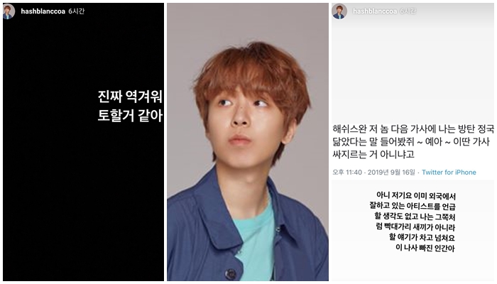 해쉬스완이 17일 올린 인스타그램 스토리./사진=해쉬스완 인스타그램