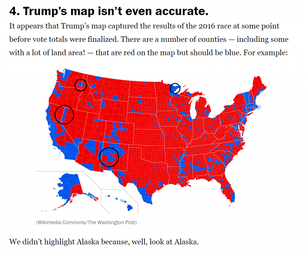 워싱턴포스트(WP)가 잘못 표기된 지역을 <br> 정정해 표시한 2016년 미 대선 득표 지도. /사진=WP 캡쳐