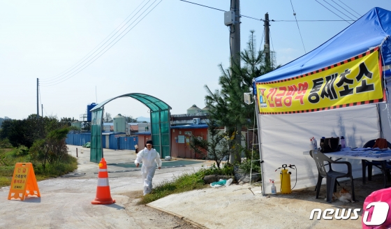 (철원=뉴스1) 하중천 기자,장시원 인턴기자 = 아프리카돼지열병이 지속적으로 발생되고있는 가운데 4일 오전 접경지역인 강원도 철원군 구순리 돼지농장 앞이 긴급 방역으로 인해 통제됐다.2019.10.4/뉴스1 <저작권자 ⓒ 뉴스1코리아, 무단전재 및 재배포 금지>