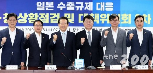 정세균 일본수출규제대응대책위원회 위원장, 최재성 일본경제침략대책특위 위원장, 김상조 청와대 정책실장, 유영민 과학기술정보통신부 장관을 비롯한 참석자들이 8월 28일 오전 서울 여의도 국회 의원회관에서 열린 일본 수출규제 대응 당정청 상황점검 및 대책위원회 2차 회의에 앞서 기념촬영하고 있다. / 사진=홍봉진 기자 honggga@