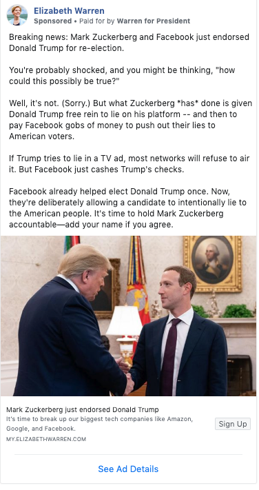엘리자베스 워런 상원의원이 페이스북에 낸 허위 광고. /사진=엘리자베스 워런 페이스북 캡쳐