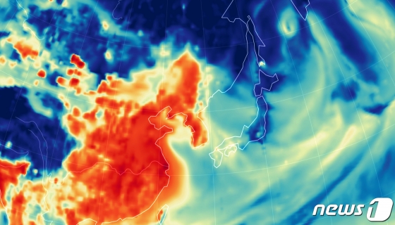 중국발 스모그와 초미세먼지가 기승을 부린 18일 세계 기상 정보를 시각화하여 나타내는 비주얼 맵인 어스널스쿨로 확인한 이날 오전 8시 한반도의 초미세먼지 대기상황.   중국과 한반도 전역이 초미세먼지로 붉게 표시돼 있다. (어스널스쿨 캡처)2019.1.18/뉴스1   <저작권자 ⓒ 뉴스1코리아, 무단전재 및 재배포 금지>