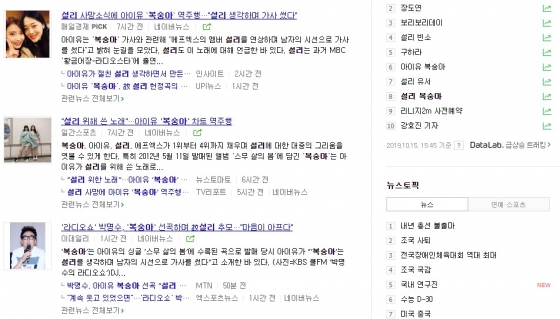 실시간 검색어 위주로, 천편일률적으로 비슷하게 나오는 포털 기사들./사진=네이버 검색 결과 화면 캡쳐