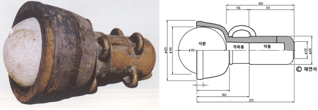 세종 때의 총통완구 복원 모습(왼쪽 사진)을 바탕으로 채연석 교수가 복원한 대완구 설계도/자료=채연석 교수