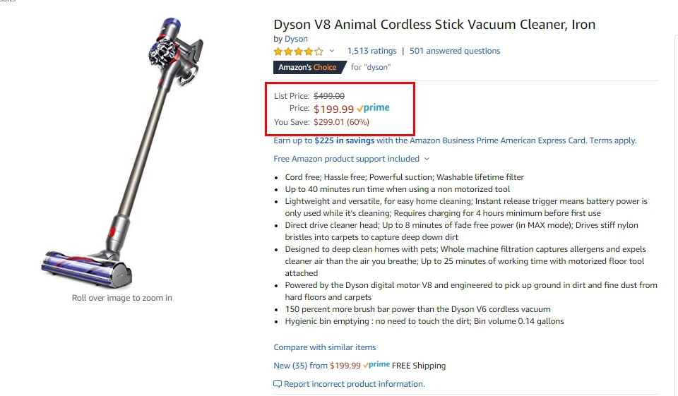 아마존에 올라온 '다이슨 V8' 블랙프라이데이 딜 /사지=아마존