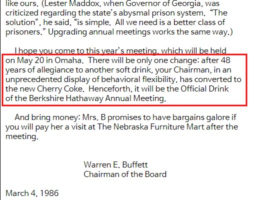 1986년 버크셔 해서웨이의 연례 주주서한 중 일부. 코카콜라가 버크셔 주주총회 공식음료가 될 것이라고 돼 있다.