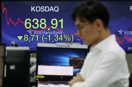 코스닥이 하락 마감한 24일 오후 서울 중구 KEB하나은행 딜링룸 전광판에 지수가 전 거래일 대비 8.71포인트(1.34%) 내린 638.91을 나타내고 있다. /사진제공=뉴시스