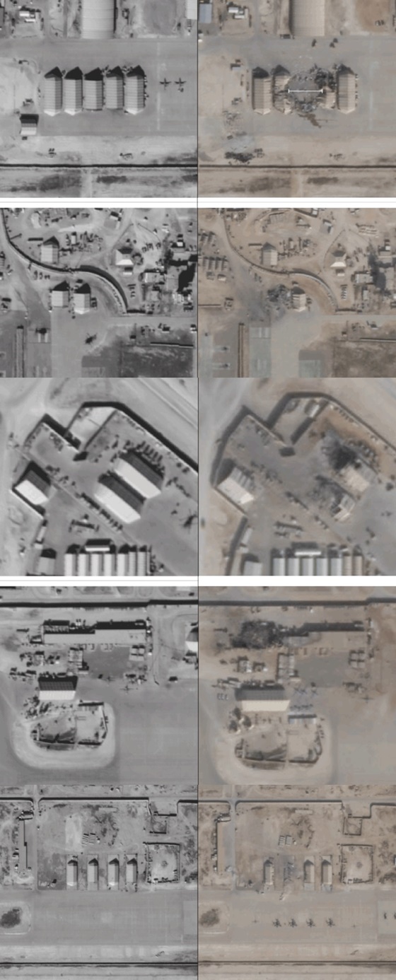 위 사진 속 동그라미 쳐진 곳들을 확대한 사진. 왼쪽은 미사일 공격을 받기 전인 지난해 12월25일 모습, 오른쪽은 공격을 받은 후인 올해 1월8일 모습/사진=로이터, 플래닛 랩스