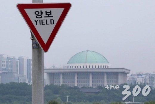 교통표지판 뒤로 국회의사당이 보이고 있다. / 사진=홍봉진 기자 honggga@