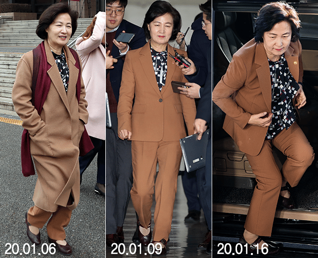 다른 날 같은 옷을 입은 추미애 법무부 장관. 갈색 정장에는 같은 패턴 블라우스, 버건디 색상 메리제인 슈즈를 갖춰 입는다. /사진=뉴스1, 뉴시스