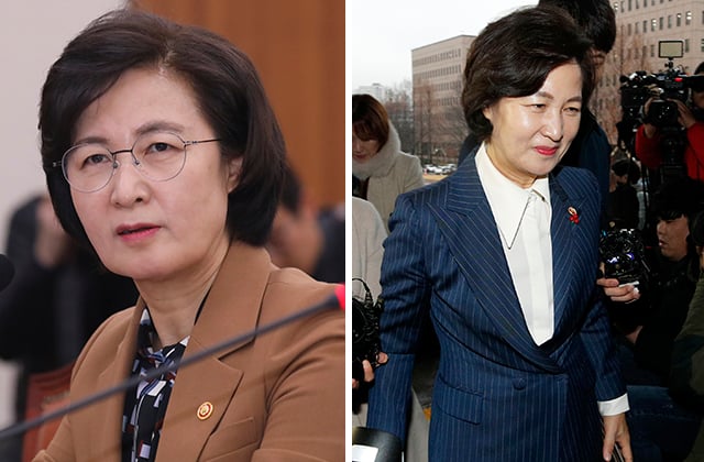 (왼쪽)9일 법제사법위원회 전체회의 날 추미애 법무부 장관 모습. (오른쪽)윤석열 검찰총장과 상견례 자리에 참석하러 이동 중인 추미애 장관 모습/사진=뉴스1