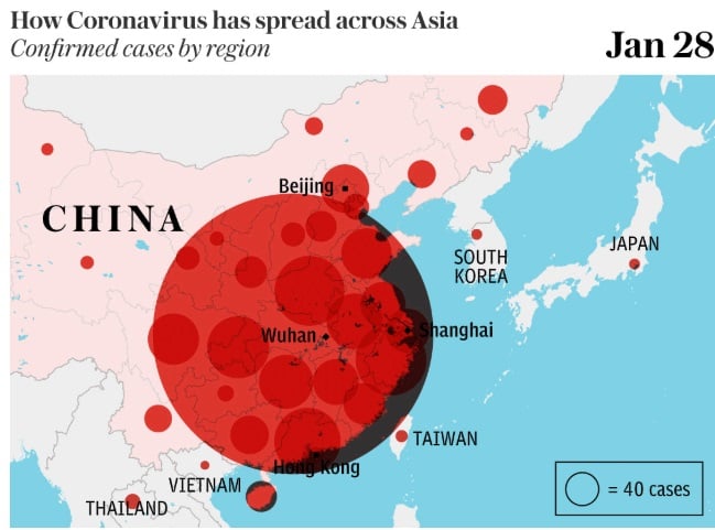 신종코로나바이러스의 확산 정도. /사진 = 텔레그래프