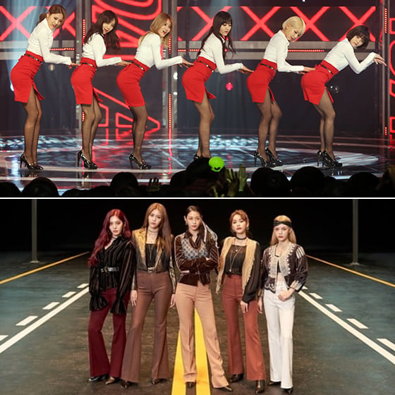 그룹 AOA가 '짧은 치마'로 활동하던 모습(위)과 신곡 '날 보러 와요' 티저 사진(아래)의 서로 다른 스타일./사진=머니투데이 DB, FNC 엔터테인먼트