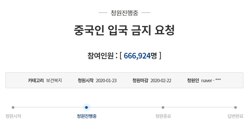 지난달 23일 게재된 중국인 입국 금지를 요청하는 청원이 3일 오후 1시 66만6924명의 동의를 받았다. /사진=청와대 국민청원 게시판 캡처