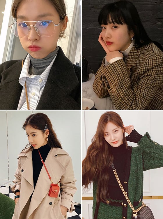 왼쪽부터 시계 방향으로 그룹 AOA 설현, 레드벨벳 조이, 그룹 소녀시대 서현, 배우 기은세/사진=각 스타 인스타그램
